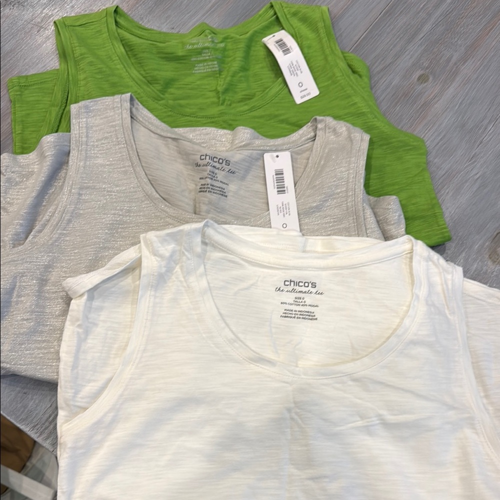 Chico's Three-Pack Scoop Neck Tank Tops — White, Light Gray, Bright Green